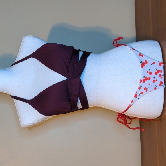 KONA SOL Faux Wrap Halter Bikini with Poppin Cherry String Bikini Bottom Size L - Picture 2 of 13